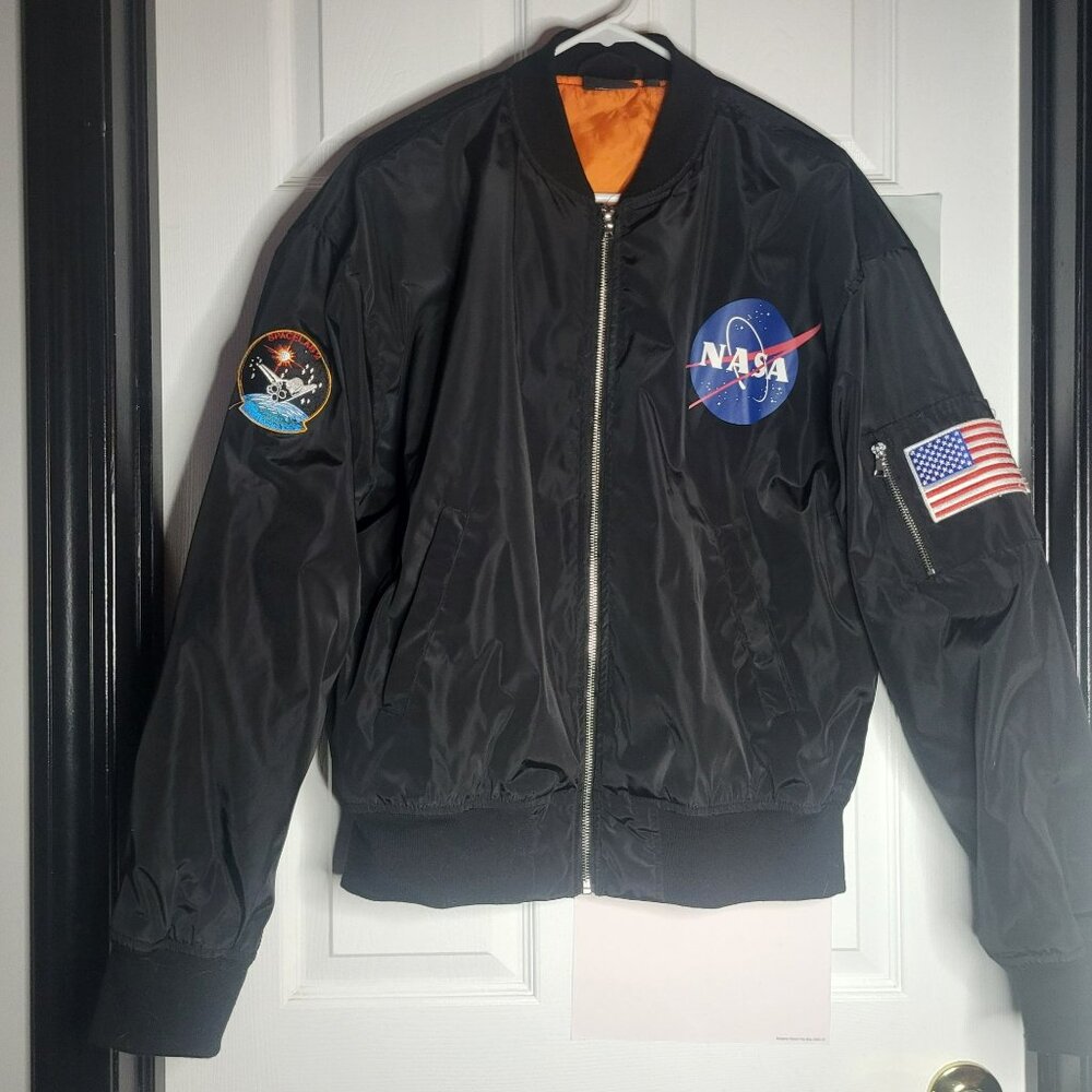 NASA Bomber Jacket With Patches Chemistry Brand Black With Orange Lining Size La